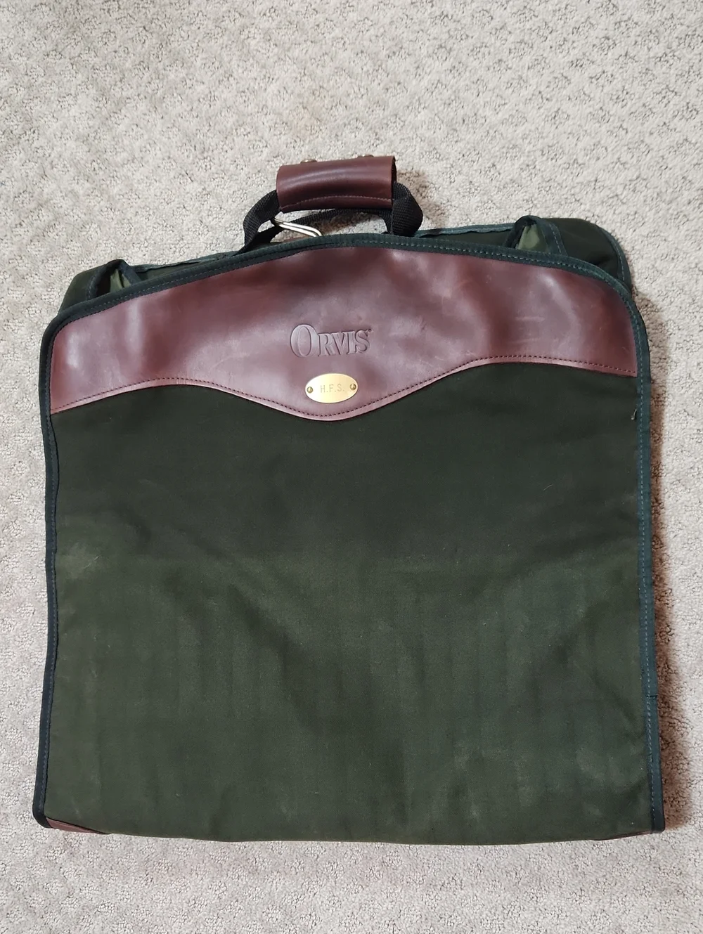 Orvis Dark Green Canvas Garment Bag with Brown Leather Accents